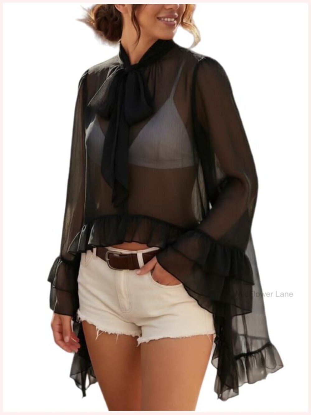 Women Sheer Chiffon Blouse Ruffle Poncho Tunic Mesh Cape Top